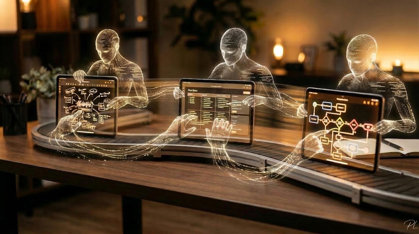 Three holographic AI figures working on tablets in a pipeline assembly line, each screen showing a different stage of document transformation from raw notes to structured deliverables