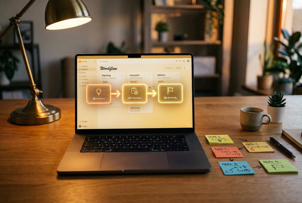 Laptop showing a streamlined three-step workflow (Planning, Execution, Delivery) with colorful sticky notes on the desk beside it