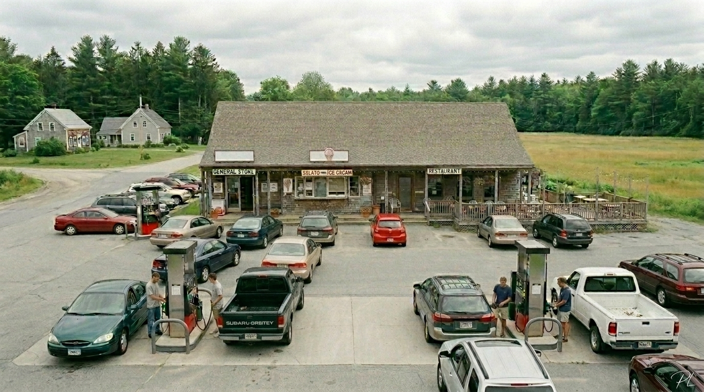 Busy rural Maine general store and gas station on a summer weekend, cars lined up at both pump islands, customers hurrying to fill up and leave, gelato window and restaurant patio sitting completely empty