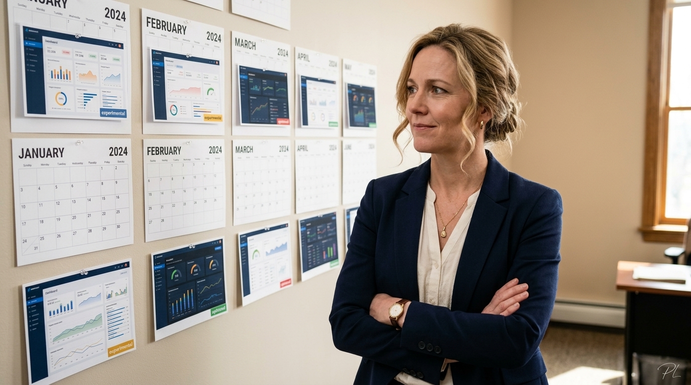 Woman standing at a wall of calendar pages arranged left to right, each with an AI dashboard screenshot that visibly improves over time. Expression of quiet recognition.