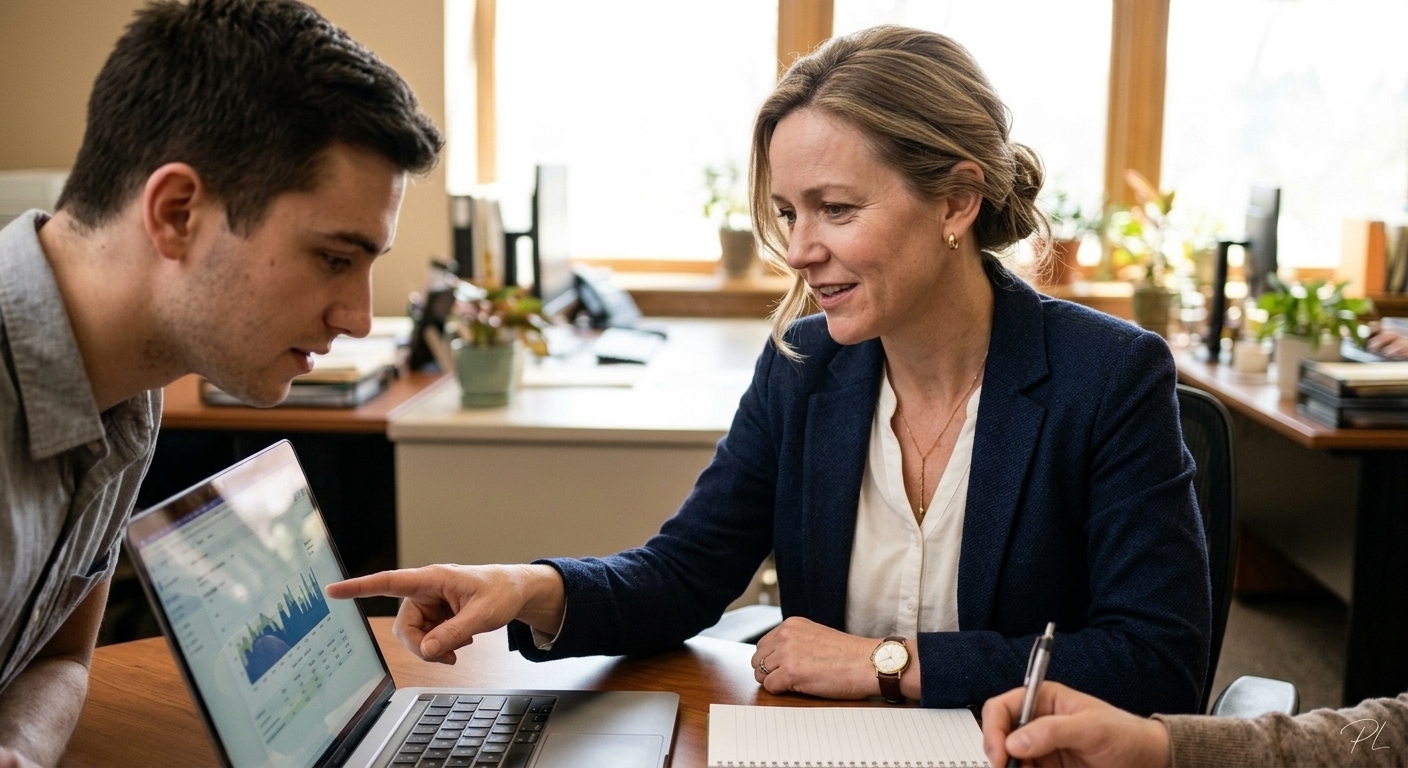 Two people at a desk working together: she points at a laptop screen showing a simplified workflow while he leans in taking notes. Collaborative and relaxed, warm office lighting.