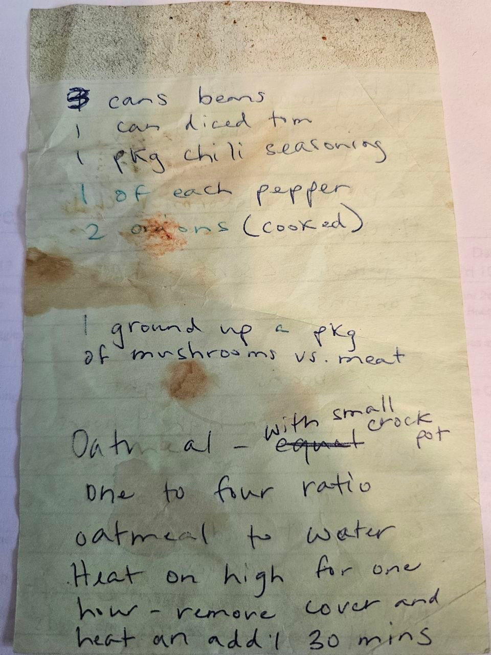 Chili recipe, handwritten card, back
