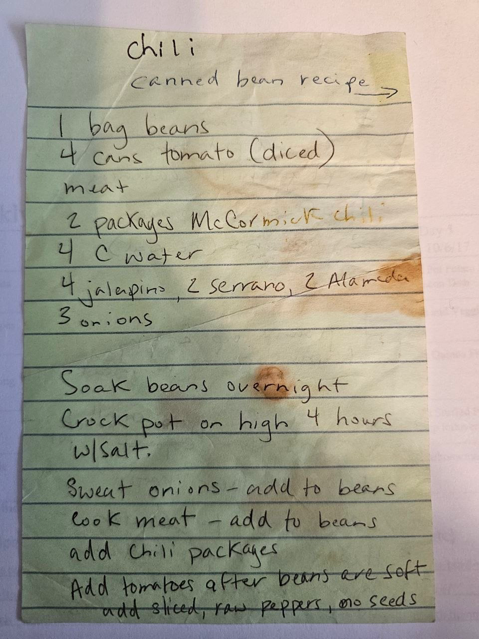 Handwritten chili recipe card from the Recipe App, which reads handwritten cards from a photo