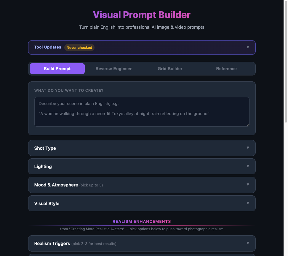 Visual Prompt Builder interface showing prompt building fields